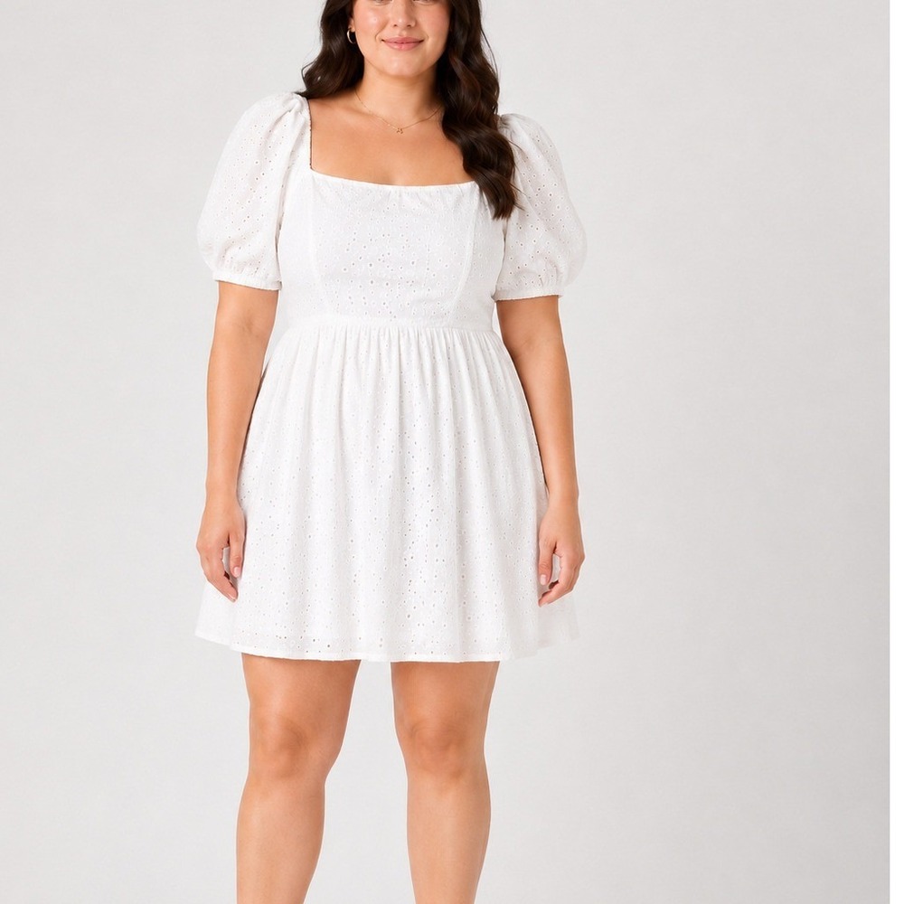 A New Day Womens White Eyelet Puff Sleeve Square Neck Mini Dress Large NEW